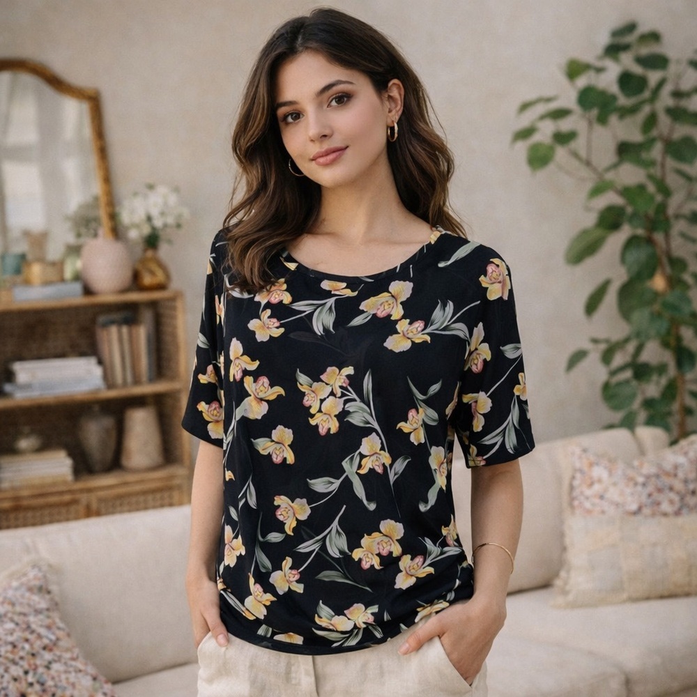 ELIE.TAHARI DOUBLE LAYER BLACK FLORAL MESH TOP SIZE LARGE